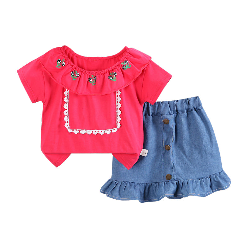 Girls Red Embroidered Top With Skirt