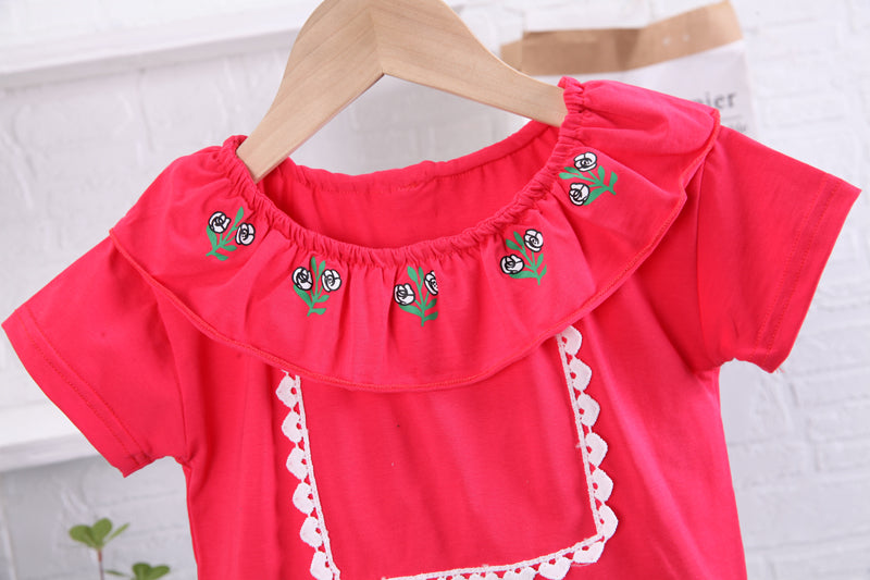 Girls Red Embroidered Top With Skirt