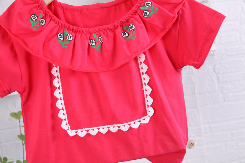 Girls Red Embroidered Top With Skirt