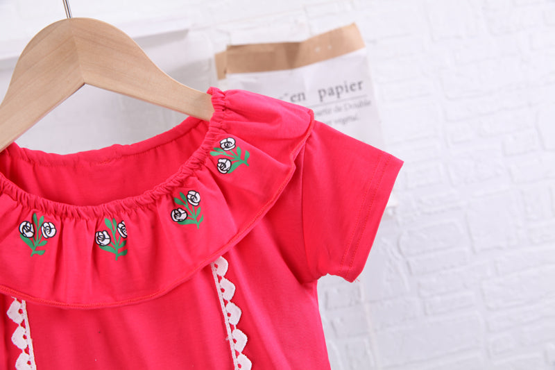 Girls Red Embroidered Top With Skirt