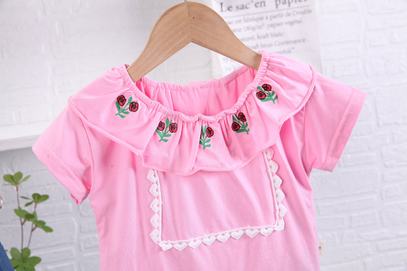 Girls Pink Floral Printed Top with Skirt