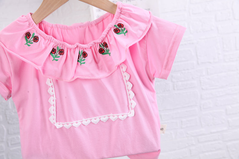 Girls Pink Floral Printed Top with Skirt