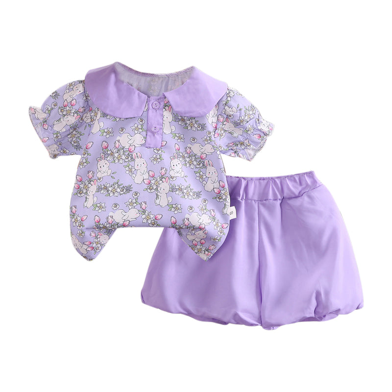 Girls Purple Printed Top With Shorts