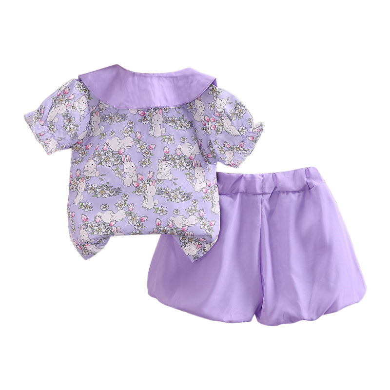 Girls Purple Printed Top With Shorts