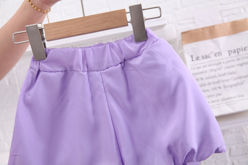 Girls Purple Printed Top With Shorts