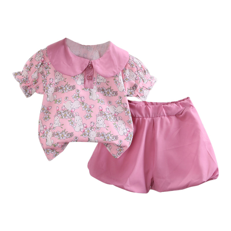 Girls Pink Printed Peter Pan Collar Top with Capris
