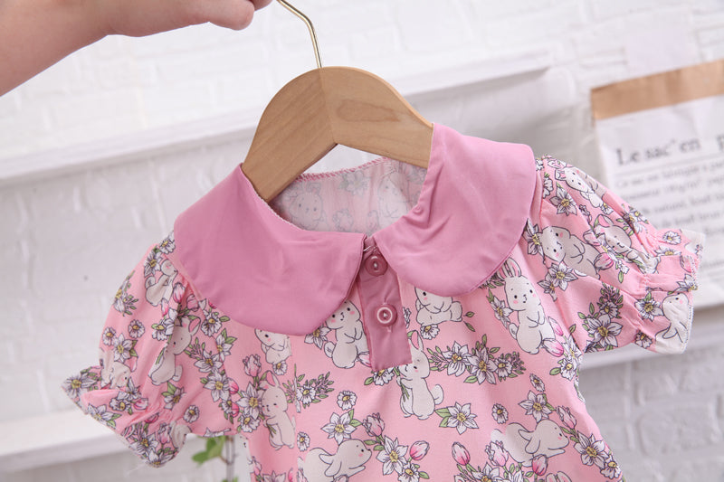 Girls Pink Printed Peter Pan Collar Top with Capris