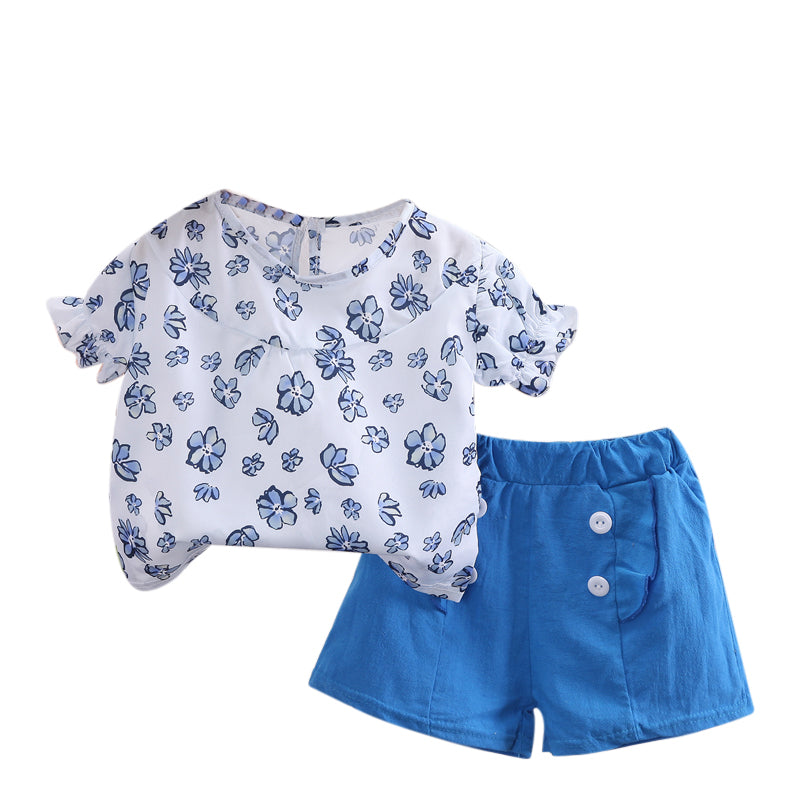 Girls White & Blue Printed Top with Shorts
