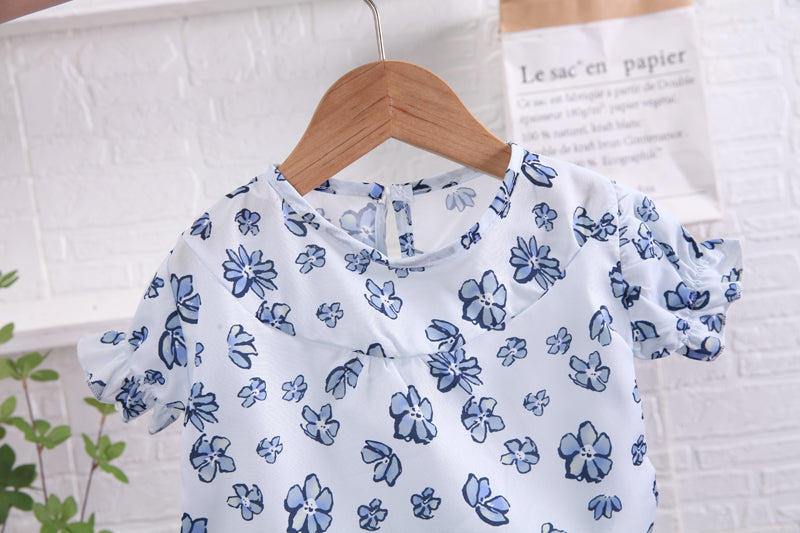 Girls White & Blue Printed Top with Shorts