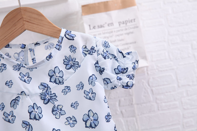 Girls White & Blue Printed Top with Shorts