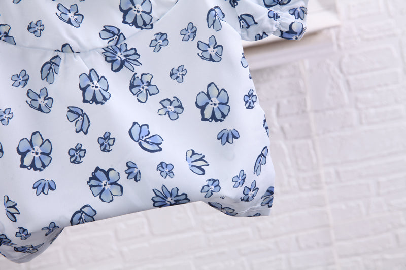 Girls White & Blue Printed Top with Shorts