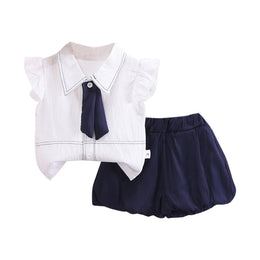 Girls White & Navy Blue Shirt Collar Top With Shorts
