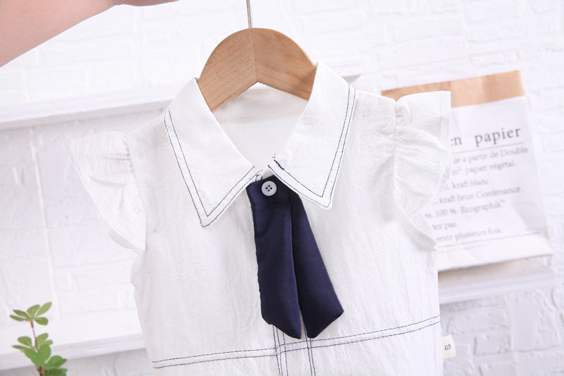 Girls White & Navy Blue Shirt Collar Top With Shorts