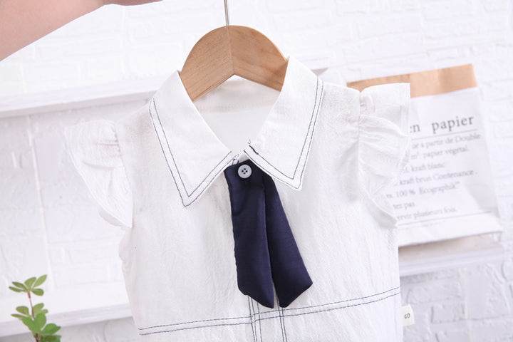 Girls White & Navy Blue Shirt Collar Top With Shorts