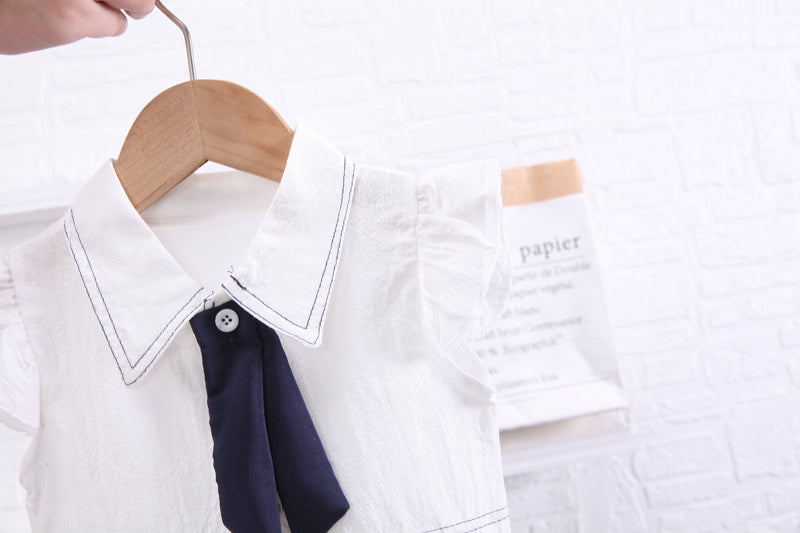 Girls White & Navy Blue Shirt Collar Top With Shorts