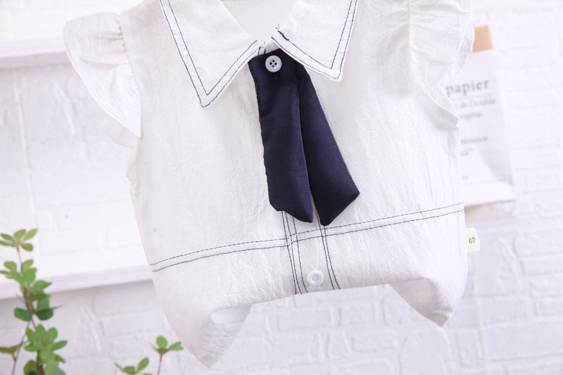 Girls White & Navy Blue Shirt Collar Top With Shorts