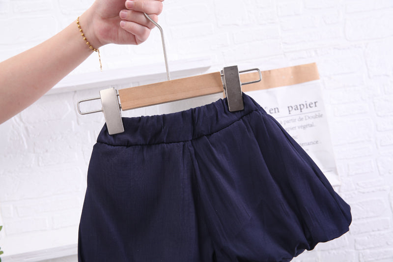 Girls White & Navy Blue Shirt Collar Top With Shorts