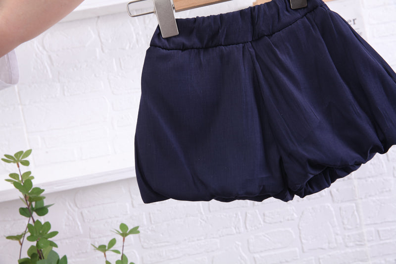 Girls White & Navy Blue Shirt Collar Top With Shorts