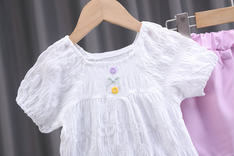 Girls White & Purple Top With Shorts