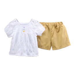 Girls White & Yellow Woven Designed Top with Capris