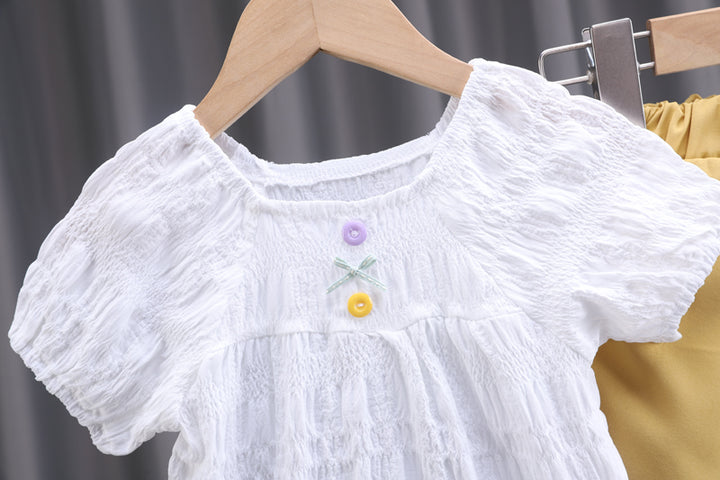 Girls White & Yellow Woven Designed Top with Capris