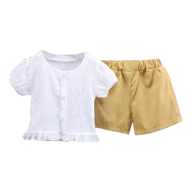 Infant Girls Yellow and White Puff Sleeves Top with Shorts