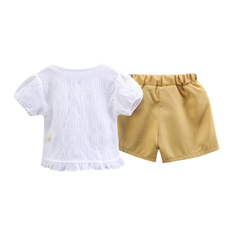 Infant Girls Yellow and White Puff Sleeves Top with Shorts