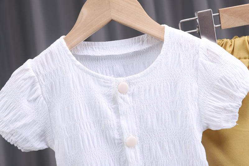 Infant Girls Yellow and White Puff Sleeves Top with Shorts