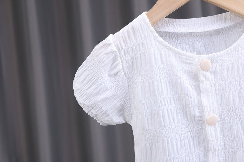 Infant Girls Yellow and White Puff Sleeves Top with Shorts