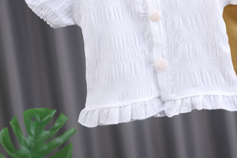Infant Girls Yellow and White Puff Sleeves Top with Shorts