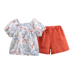 Girls White & Orange Floral Printed Top With Shorts