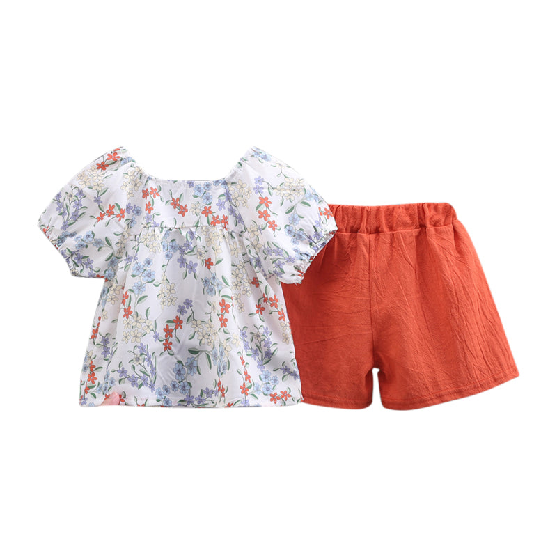 Girls White & Orange Floral Printed Top With Shorts