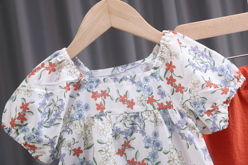 Girls White & Orange Floral Printed Top With Shorts