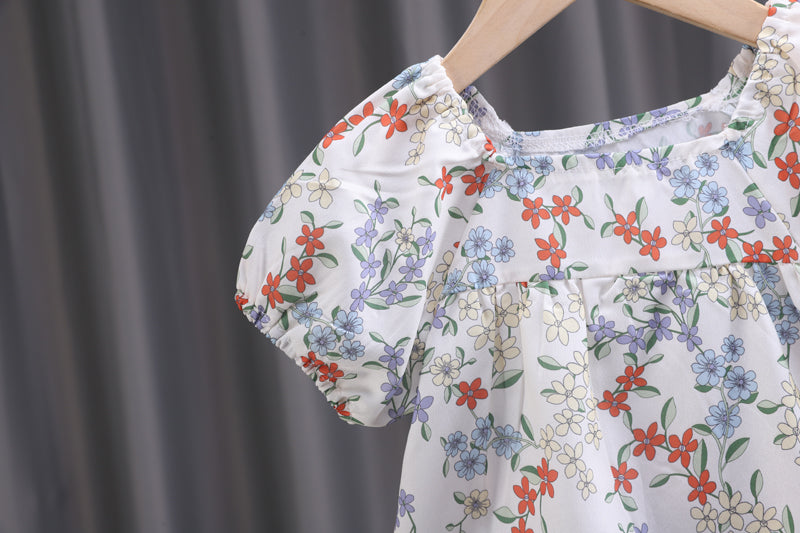 Girls White & Orange Floral Printed Top With Shorts
