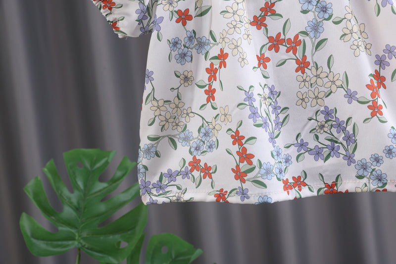 Girls White & Orange Floral Printed Top With Shorts
