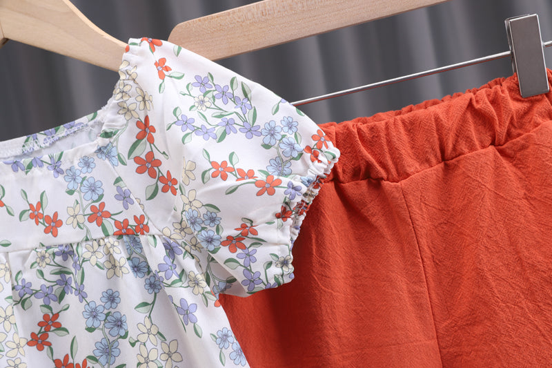 Girls White & Orange Floral Printed Top With Shorts