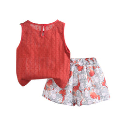 Girls Orange & Grey Self Design Top With Printed Shorts