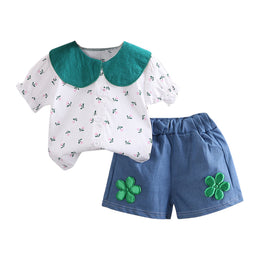 Girls White & Blue Printed Peter Pan Collar Top with Shorts