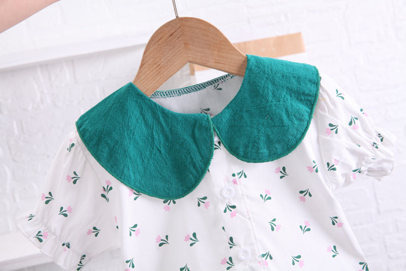 Girls White & Blue Printed Peter Pan Collar Top with Shorts