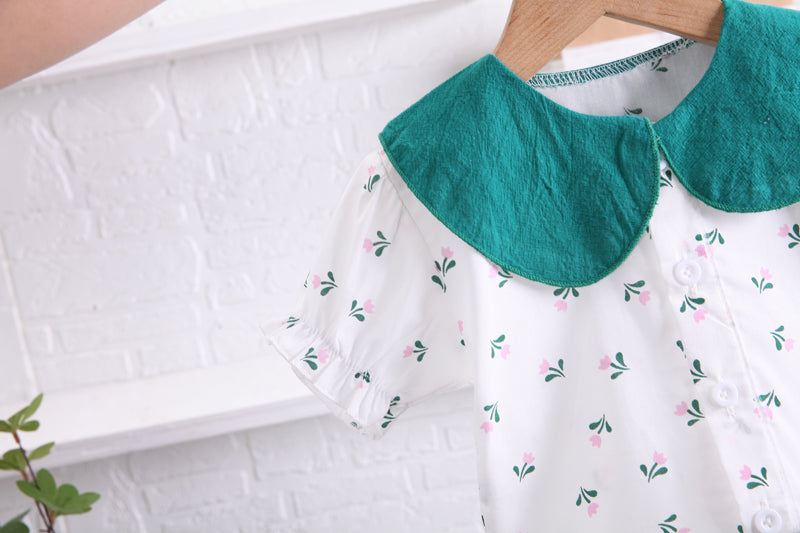 Girls White & Blue Printed Peter Pan Collar Top with Shorts