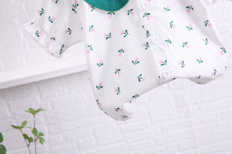 Girls White & Blue Printed Peter Pan Collar Top with Shorts