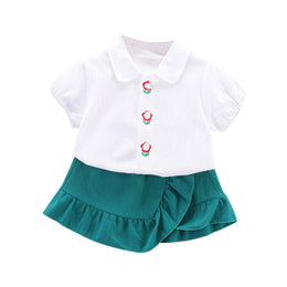 Girls Green Shirt Collar Puff Sleeves Top with Skirt