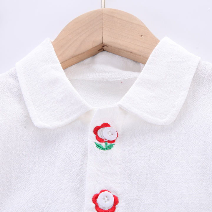 Girls Green Shirt Collar Puff Sleeves Top with Skirt