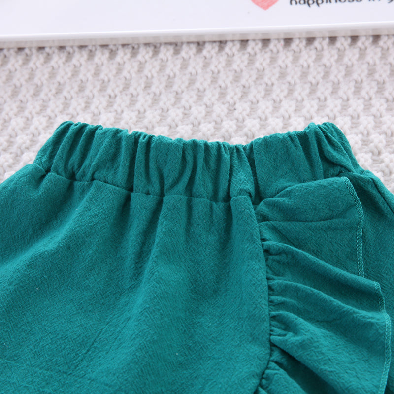 Girls Green Shirt Collar Puff Sleeves Top with Skirt