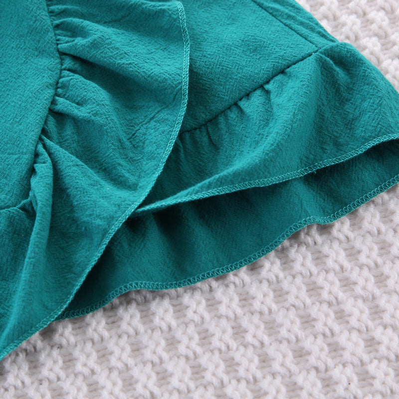 Girls Green Shirt Collar Puff Sleeves Top with Skirt