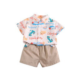 Boys White & Khaki Printed T-shirt and Shirt with Trousers