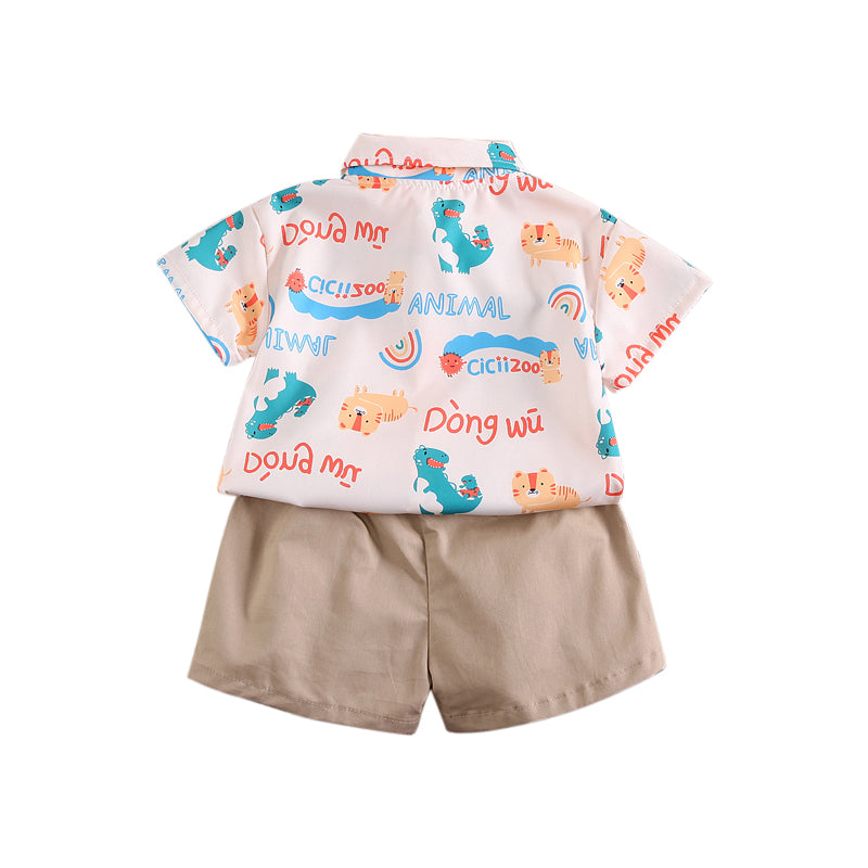 Boys White & Khaki Printed T-shirt and Shirt with Trousers