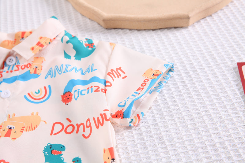 Boys White & Khaki Printed T-shirt and Shirt with Trousers