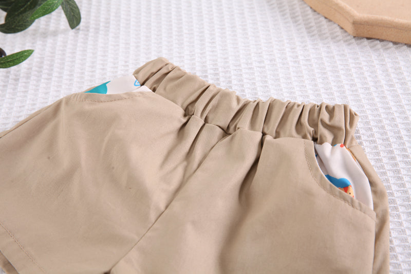 Boys White & Khaki Printed T-shirt and Shirt with Trousers