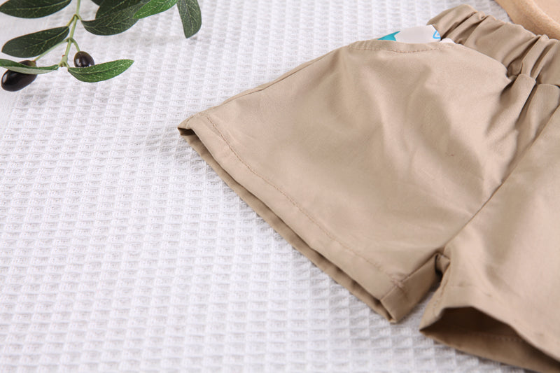 Boys White & Khaki Printed T-shirt and Shirt with Trousers